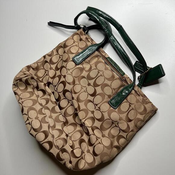 Coach F22706 Signature Stripe Patent Leather Tote Khaki Green Python Trim Handba - Picture 6 of 10